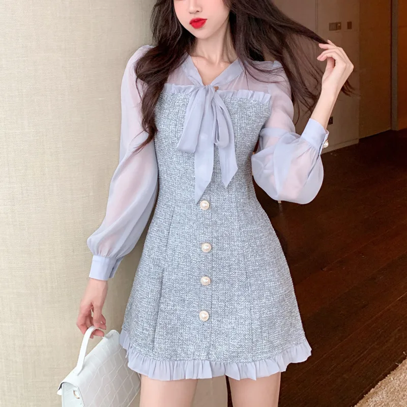 

Women Ribbon Bow Single-breasted Long Sleeve Party Dress New Spring Vintage Sexy See-through Chiffon Patchwork Tweed Mini Dress