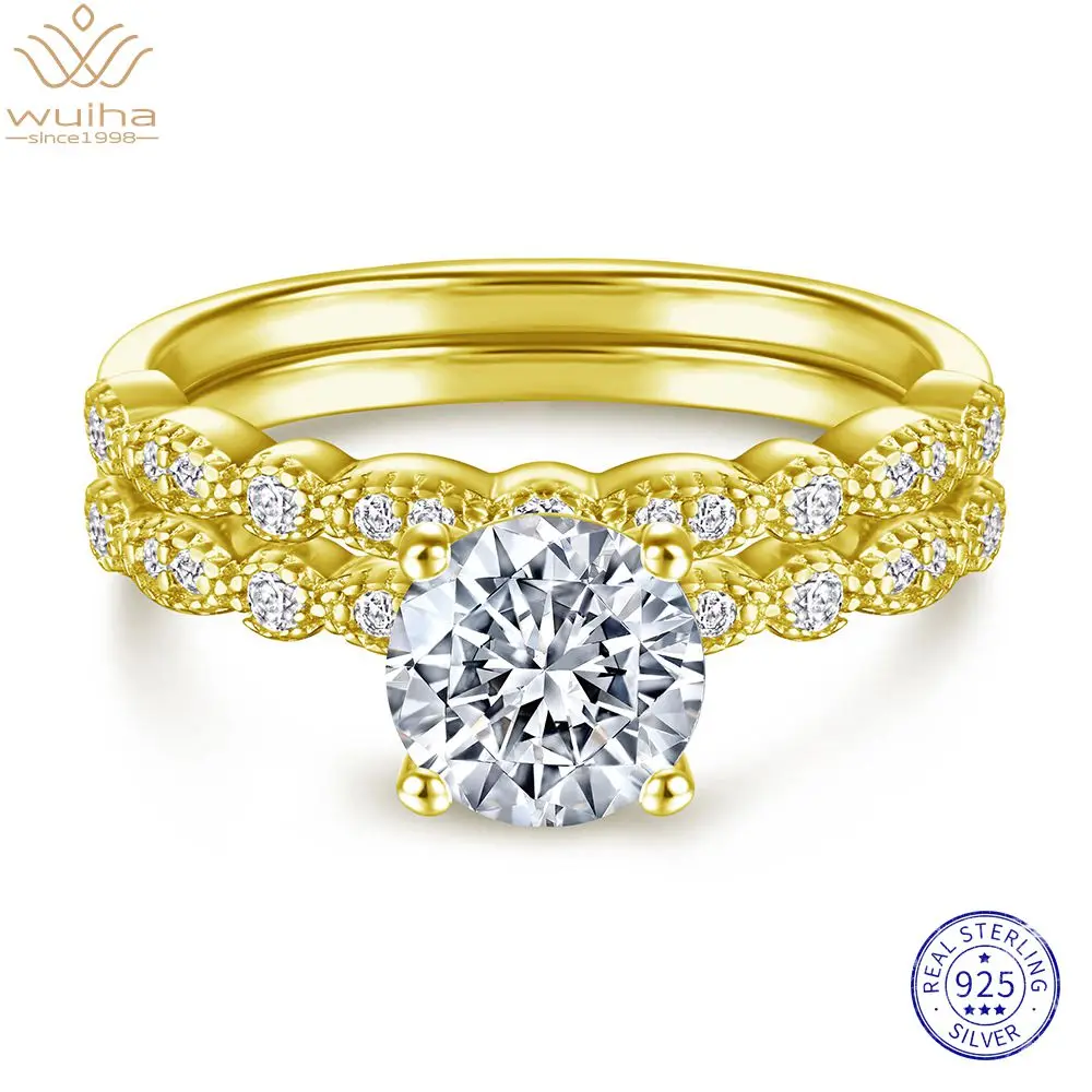 

WUIHA Real 925 Sterling Silver Yellow Gold Round Cut 7MM White Sapphire Created Moissanite Ring Set for Women Gift Drop Shipping