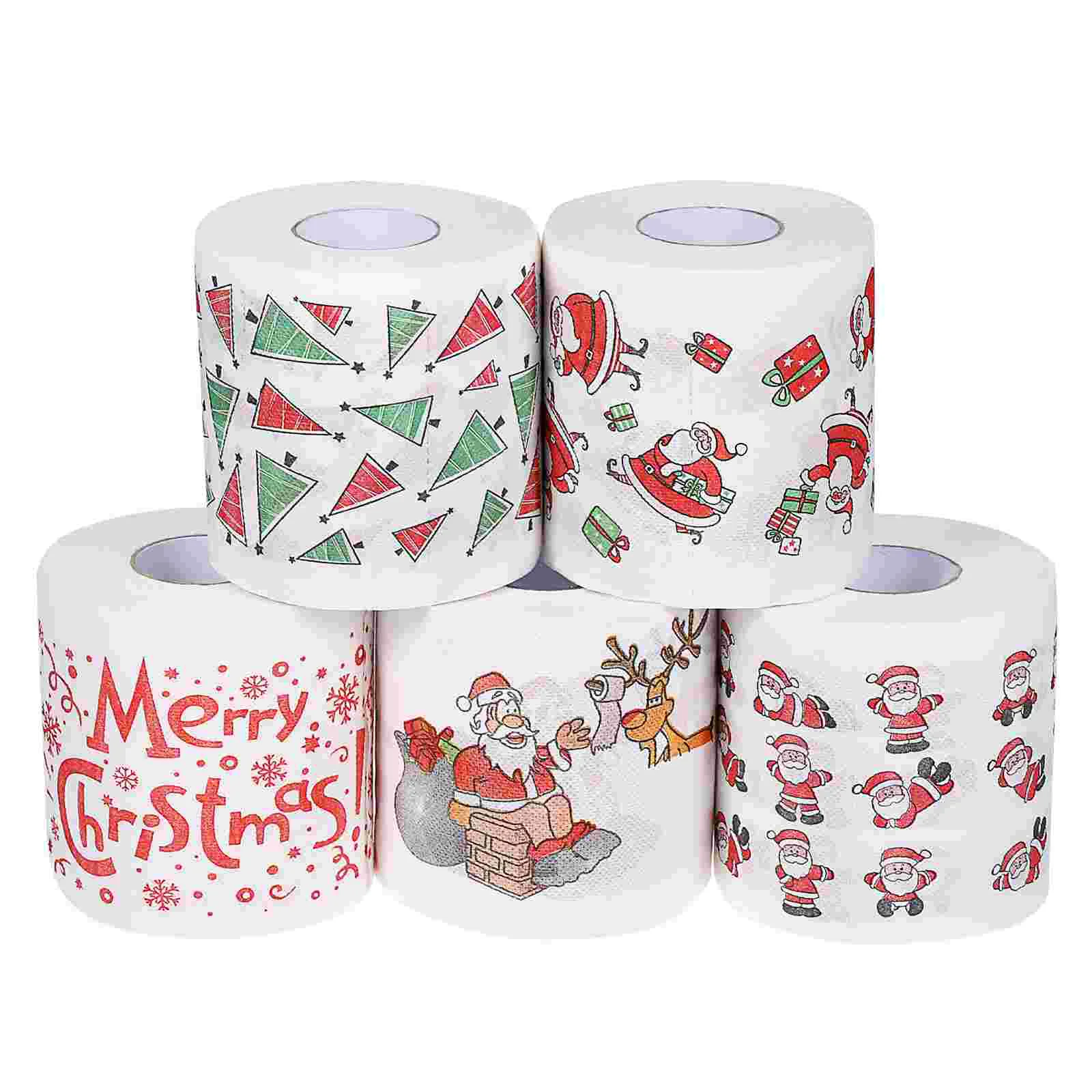 

ULTNICE 5 Rolls Christmas Pattern Toilet Papers Rolls Santa Clause Bath Dinner Tissue Paper Disposable Napkins Rectangular