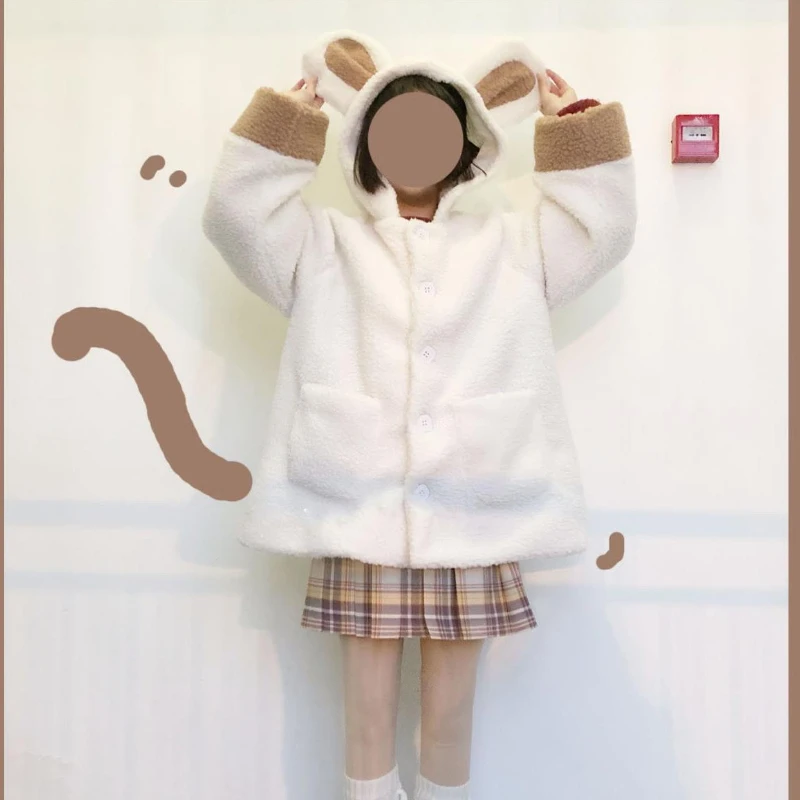 Fur Jacket Women Bear Ear Plush Jacket 2023 Winter New Korean Fashion Cute Preppy Style Oversized Hooded Loose Kawaii Fluffy
