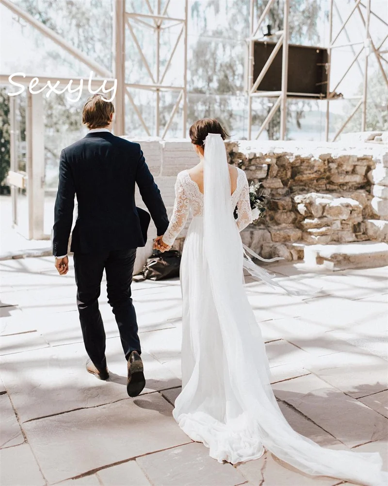 

Simple Boho Korean Wedding Dress 2023 Sexy V Neck Long Sleeve Chiffon Bridal Gown Civil Japaese Modest Beach Ivory Country Bride