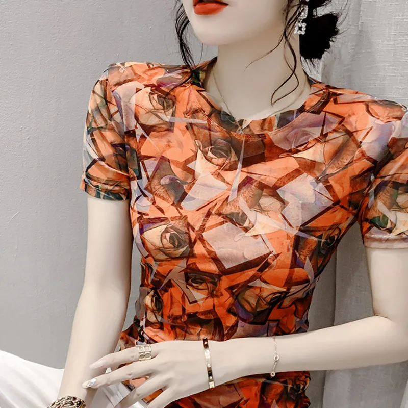 

#6696 Short T-shirt Femme Short Sleeve Tight Sexy Elastic Thin Vintage T Shirt O-neck Retro Printed Mesh Tshirt Women Summer
