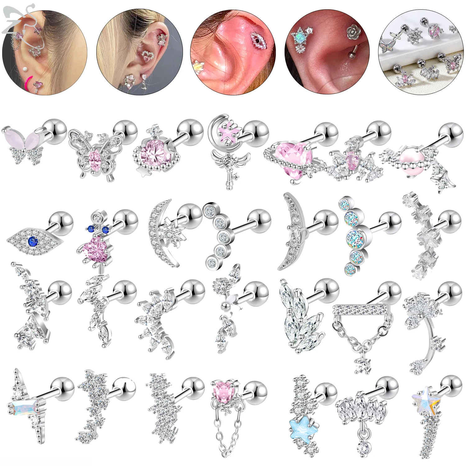 ZS 1PC Butterfly Heart Stud Earrings Stainless Steel CZ Crystal Ear Studs Tiny Cartilage Earrings for Women Conch Helix Piercing