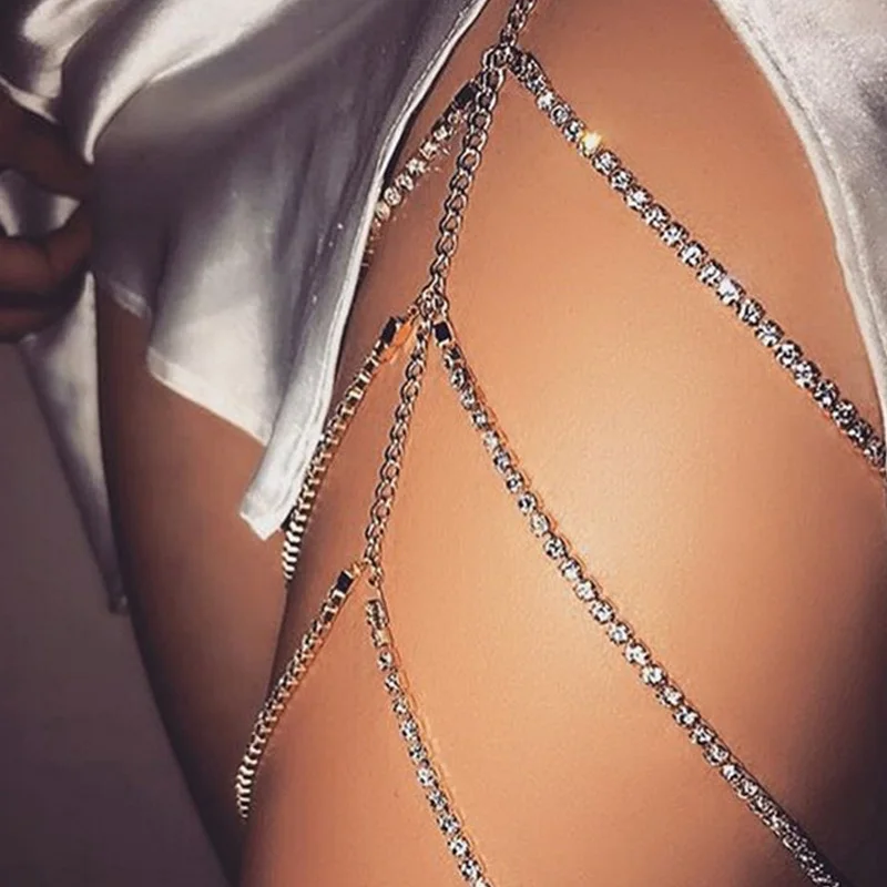 

Rhinestones Leg Thigh Chain Shiny Women Sexy Body Chain Leg Thigh Harness Jewelry Beach Multi Layers Gold Color Chains