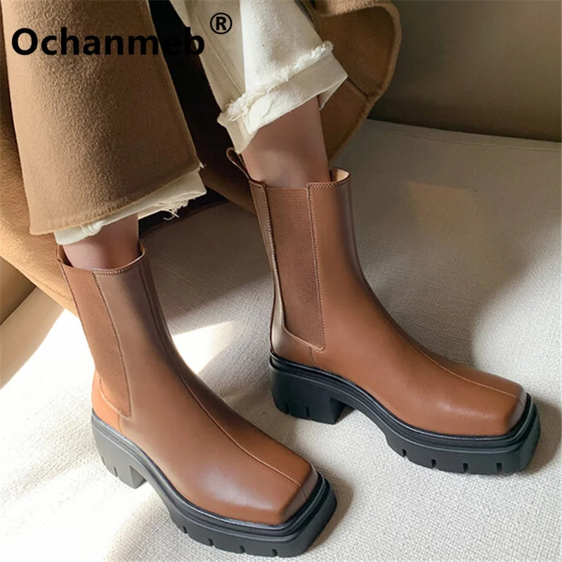 

Ochanmeb Women Genuine Leather Chelsea Boots Square Toe Block Heels Platforms Black Brown Ankle Boots Street Autumn Winter Shoes