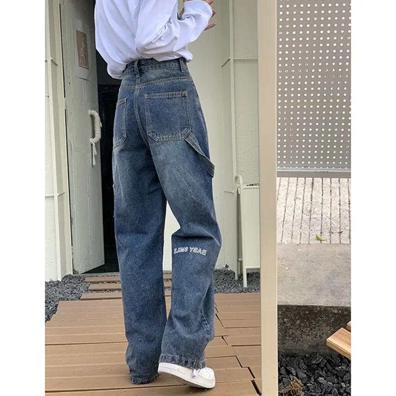 

Женские винтажные джинсы, синие мешковатые прямые брюки с высокой талией и принтом букв, модные джинсовые брюки с широкими штанинами в американском стиле для осени