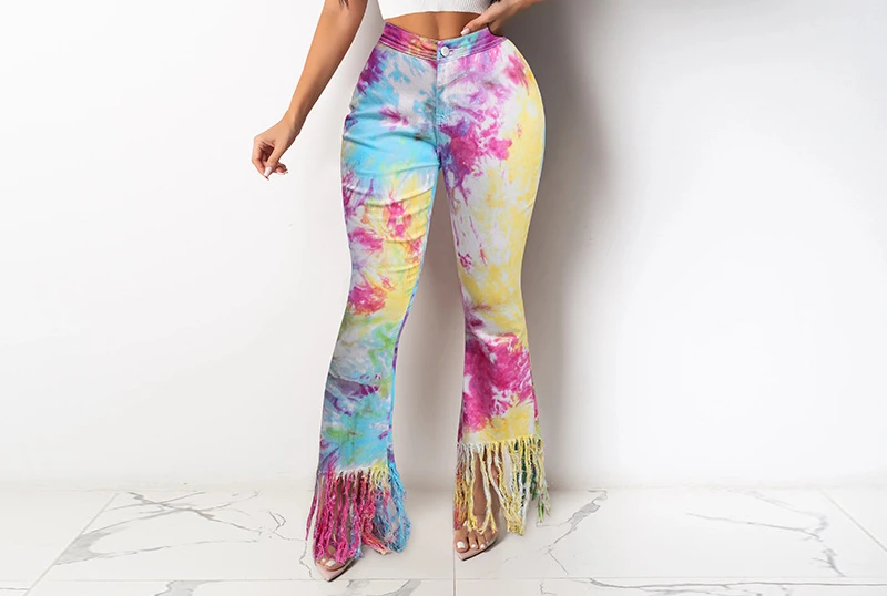 Women's 2023 Jeans Woman Lady Fashion Temperament Tie-Dye Tassel Micro-Flare Casual Pants