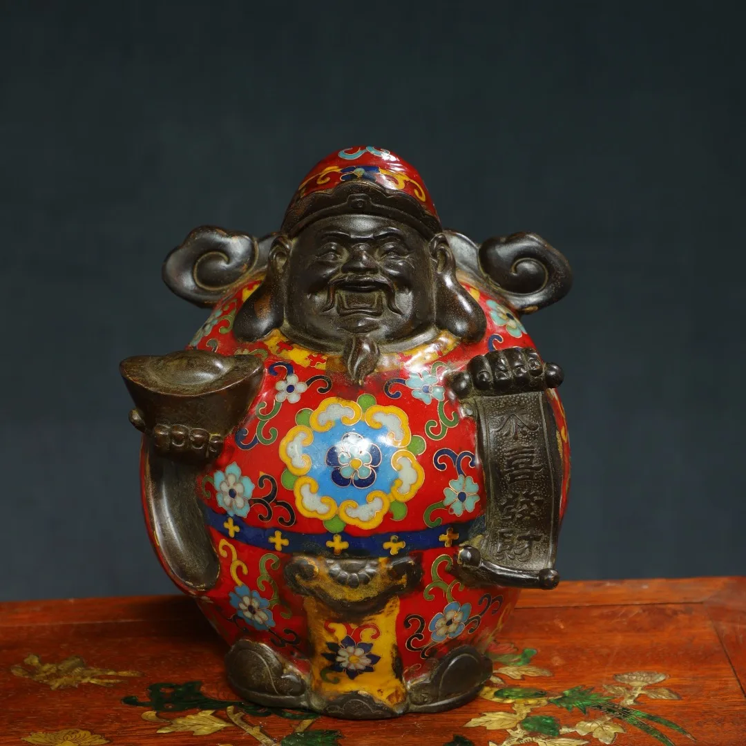 

9"Tibetan Temple Collection Old Bronze Cloisonne Enamel Yuanbao Coin God of Wealth Amass wealth Ornaments Worship Hall