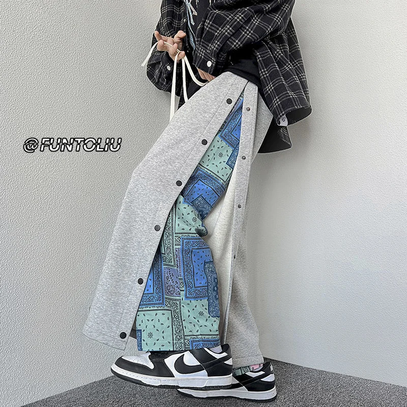 

NoEstaMal Men New Fake Two Piece Breasted Casual Pants Streetwear Straight Sweatpants 2022 Spring Male Korean Trousers Hip Hop