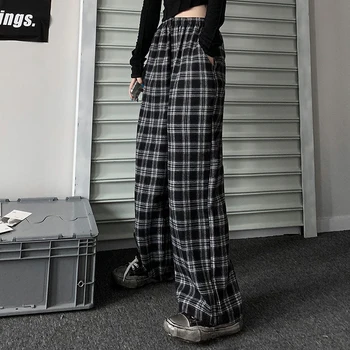 Kobiety wysokiej talii spodnie w kratę amerykański Retro dorywczo luźna szeroka spodnie nogi kobiet Harajuku Hip-Hop wszystkie mecze spodnie wiosna nowy 2