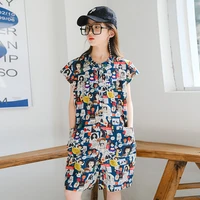jumpsuit for girls summer thin cartoon pinted trendy cool overalls loose teen children playsuit short sleeve casual kids clothes