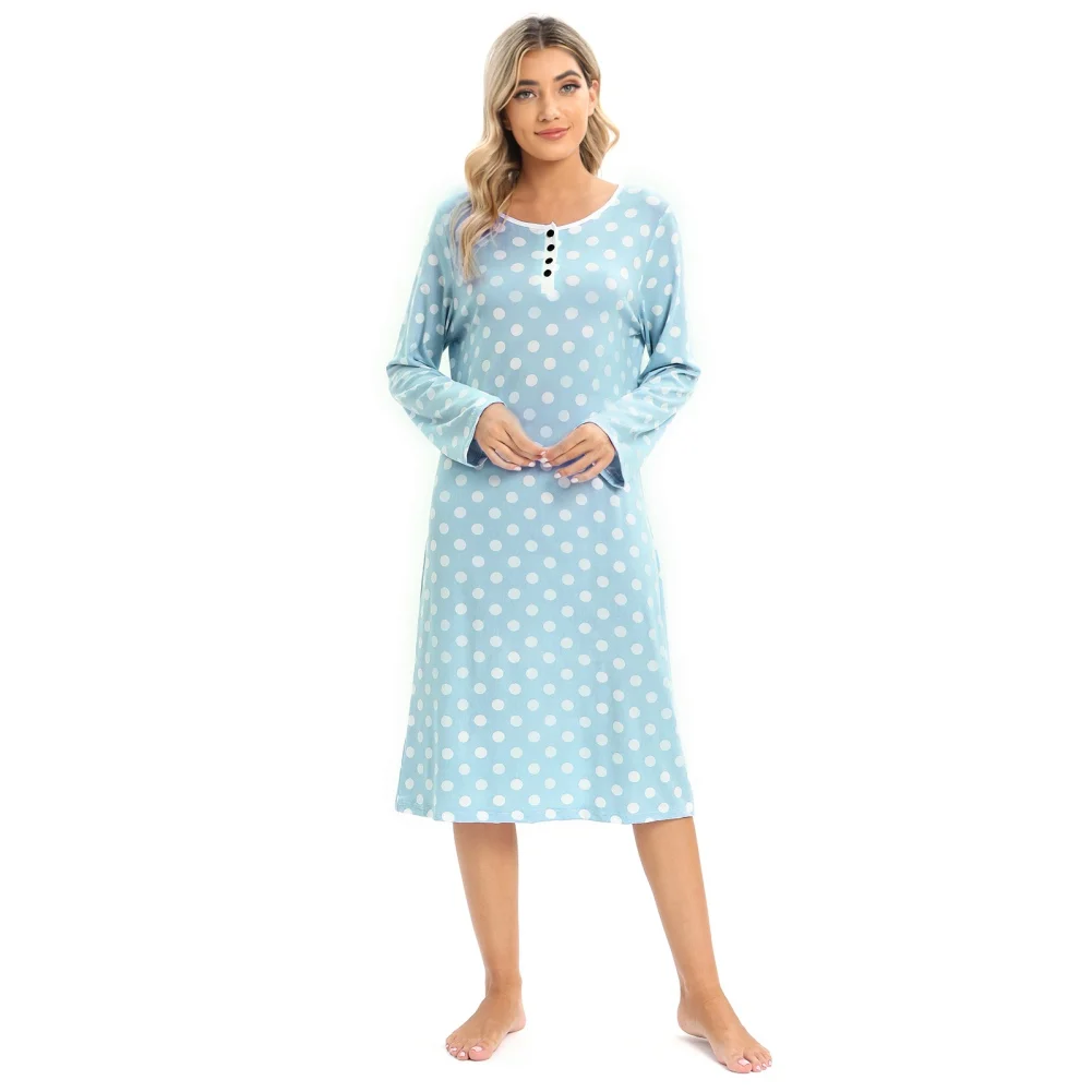 Autumn Women Polka Dot Pajamas Long Sleeves Trendy Dress Sleep Nightgown Winter Crewneck Print Sleepdress