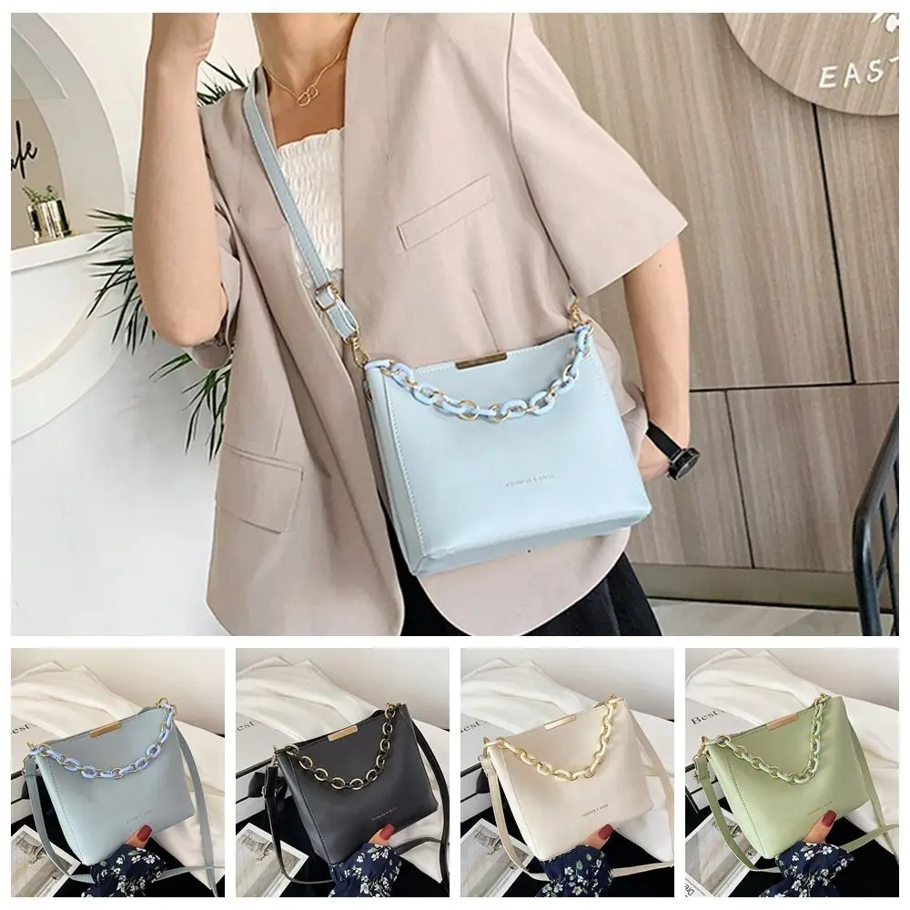 

Letter Shoulder Bag with Chain Casual Portable Pu Leather Bucket Bag Handbag Girls