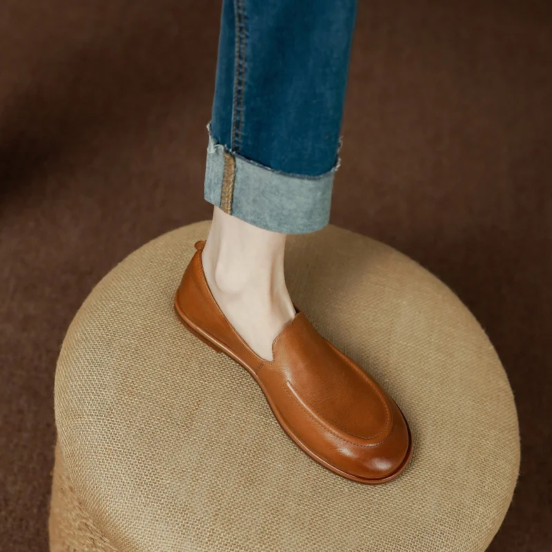 Concise Flats Women Comfy Very Soft Loafers Handmade Retro Genuine Leather Slip on Casual Walking Solid Shoes Size 34-40