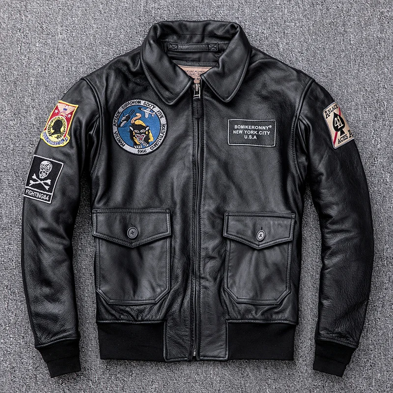 

Men Genuine Leather A2 Pilot Jackets Top Quality Short Air Force Cowhide Bomber Jacket Vintage Classic Lapel Multiple Signs Coat