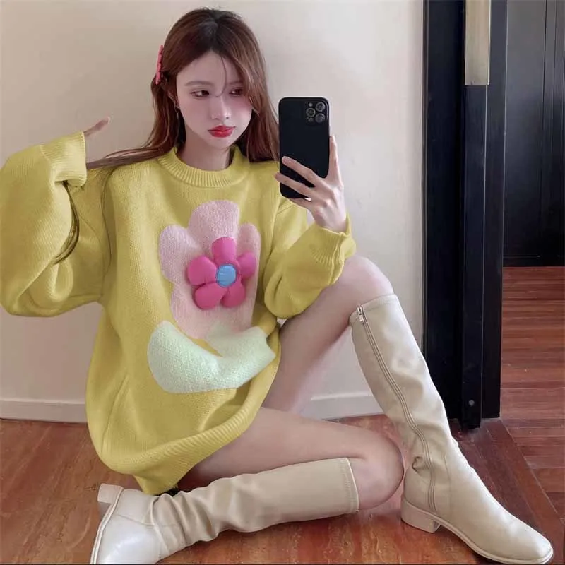 

Sweet 3D Sweaters for Women O-neck Long Sleeve Pull Femme 2022 Fall Clothing Korean Knitted Pullovers Loose Chic Jumper Tops