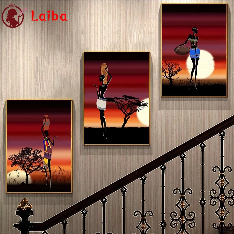 

Фотообои абстрактное искусство закат Африканская женщина вышивка крестиком алмазная живопись полный квадратный декор для Homex3pcs