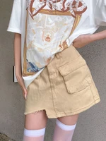 houzhou vintage denim cargo skirt women techwear pocket patchwork asymmetrical split high waist a line mini skirt y2k streetwear