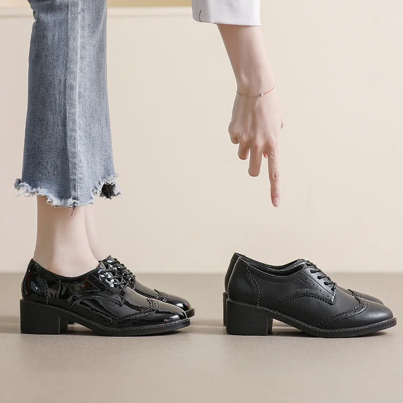 Black High Heel Lace Up Soft Soled Female Student Loafers Women Slip-on Shoe Work Slip Shoes Ladies Shoes Womens Shoes