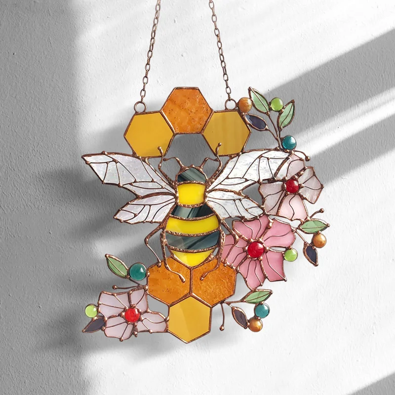 

Stained Honeycomb With Bumble Bee Charm Suncatcher Hanging Decoration Garden Window Hanging Ornament Garden Decor Window Pendent