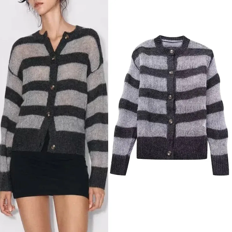 

TRAF Striped Knit Cardigan Women 2023 Korean Autumn Sweater Woman Round Neck Long Sleeves New Knitwears Fashion Button-Up Tops