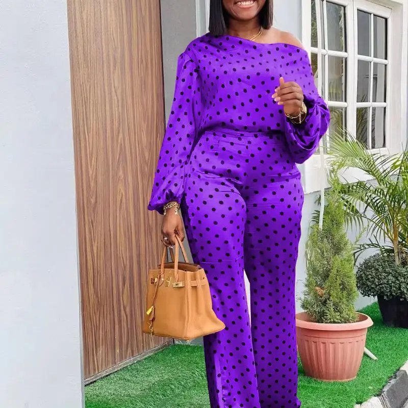 

Two Pieces Set women Polka Dot Print One Shoulder Long Sleeves High Waist Pants Autumn Spring Party Evening Casual Sexy Outfits