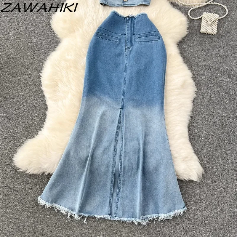 Женский винтажный Джинсовый комплект из двух предметов Элегантный жилет с