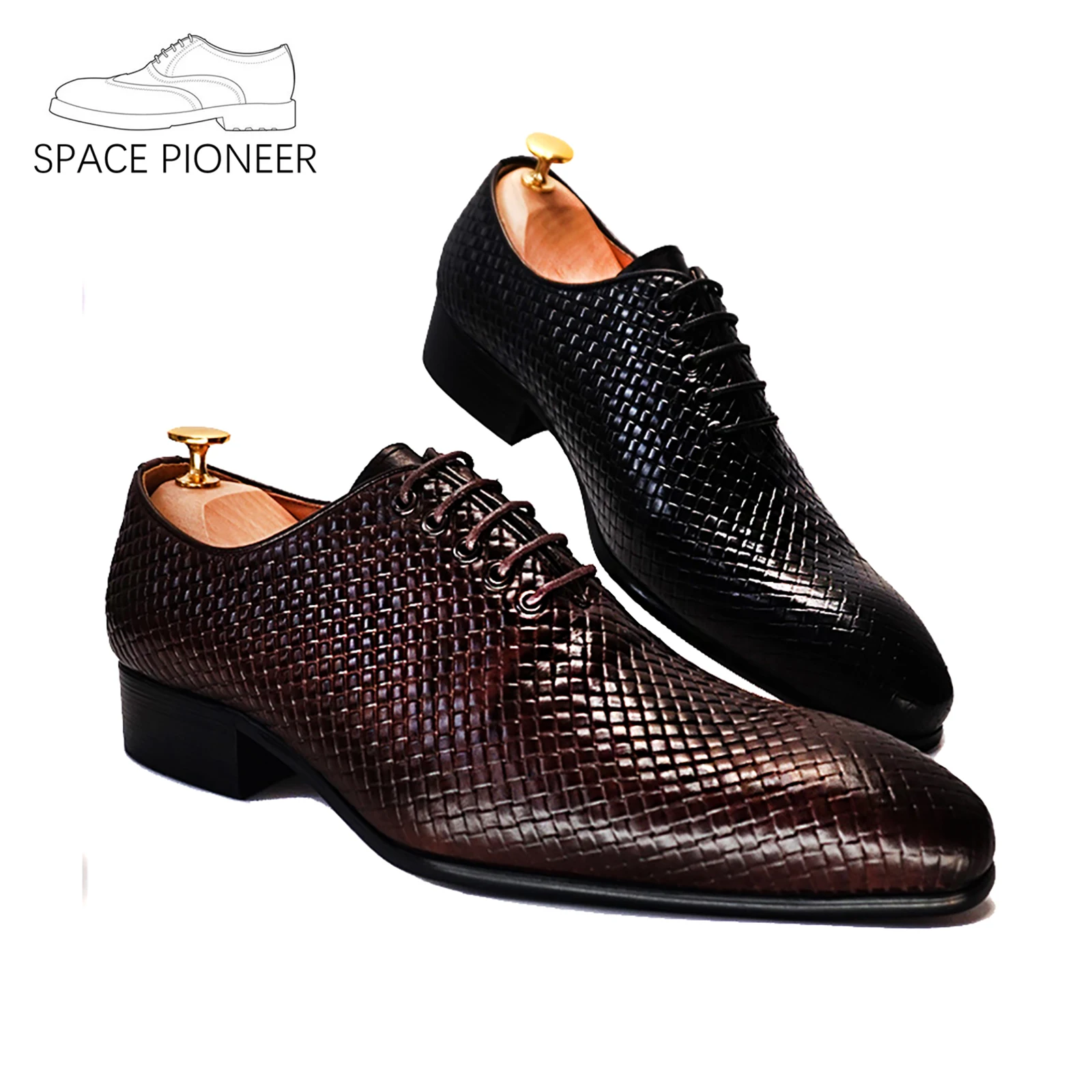 LUXURY LEATHER MEN SHOES CASUAL MEN OFFICE BUSINESS WEDDING SHOE COFFEE BLACK LACE-UP PLAID PRINT POINTED OXFORD SHOES FOR MEN