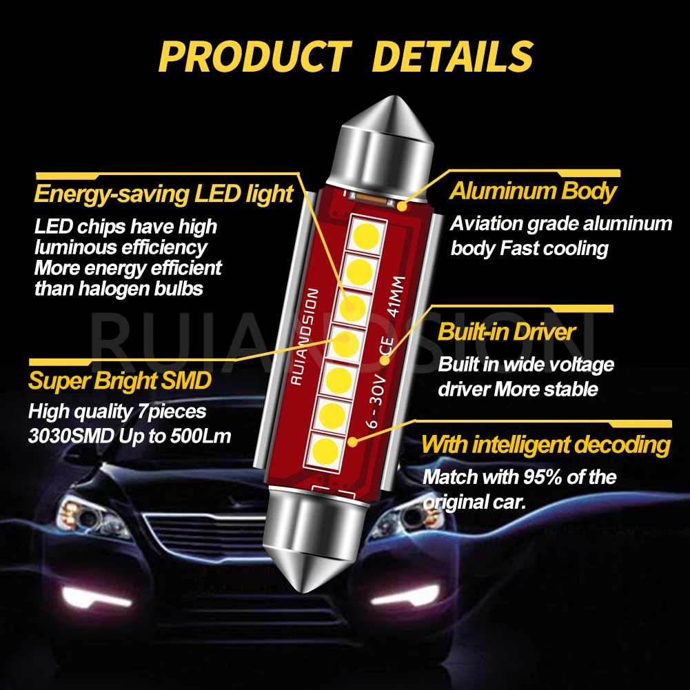 Фото 2 шт. светодиодный купольный светильник для автомобиля 3030 чип 6000K C5W C10W внутренняя карта 28/31/36/39/41/44 мм гирлянда 6-30 В освещение открытой двери теплый белый №2