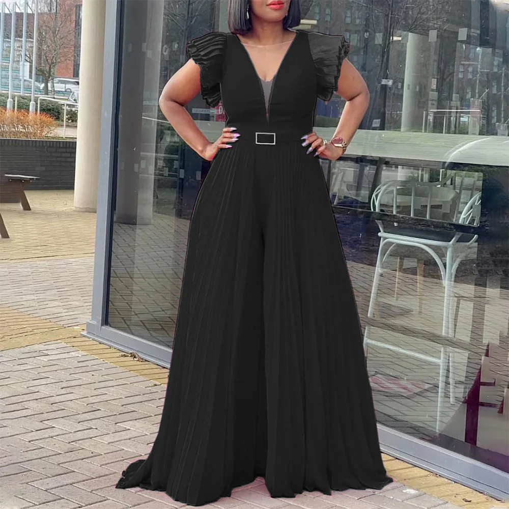 Plus Size Chic And Elegant Women Jumpsuits Ruffle Belt Outfit Lady Outwear Designer Pant 2023 Spring Female Fashion Jumpsuits