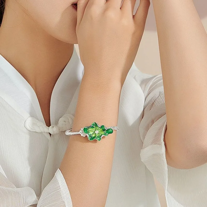 Тайский серебряный шарм-браслет для женщин Перегородчатая эмаль Свежий Зеленый