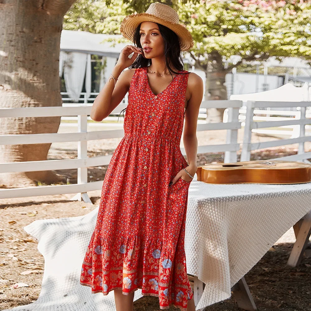 Женское платье с V-образным вырезом и цветочным принтом