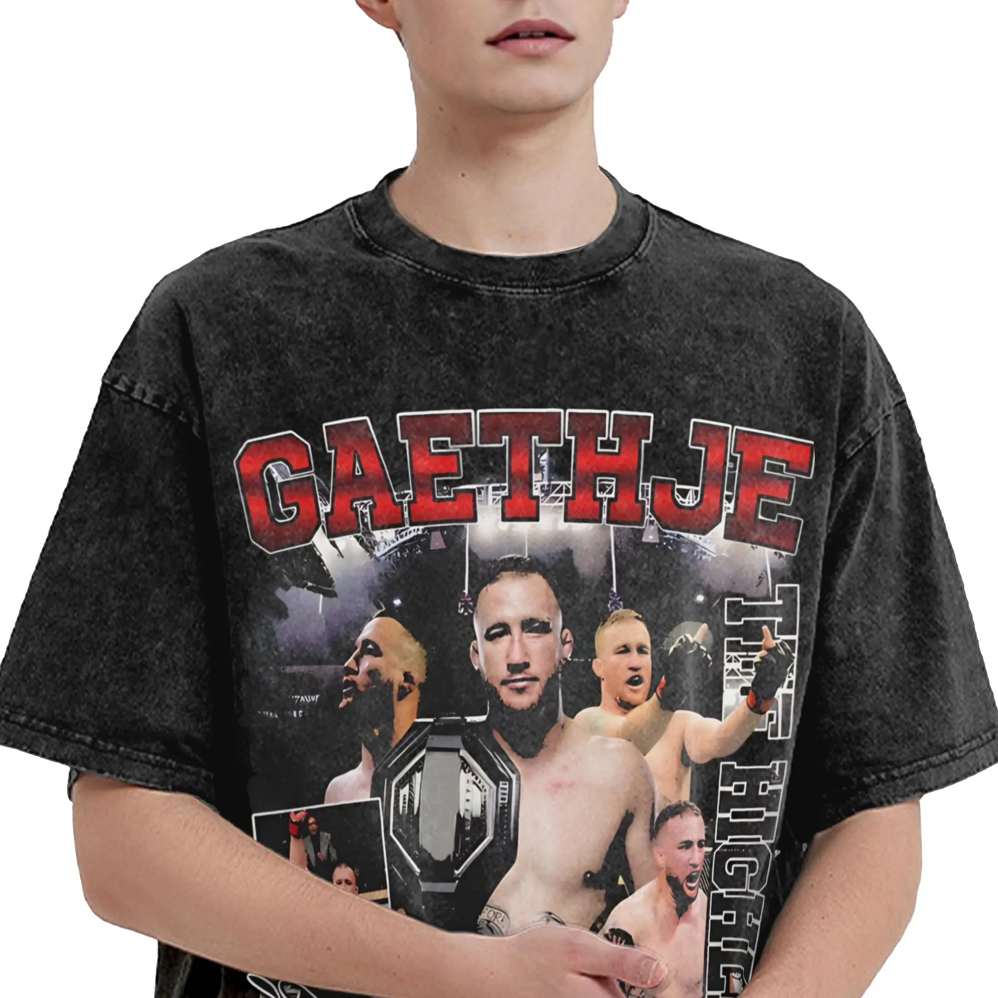 Фото Футболки Justin Gaethje The Highlight в стиле хип-хоп, с эффектом потертости, с коротким рукавом, оверсайз, винтажные, для мужчин и женщин, уличная одежда, графические принты №2