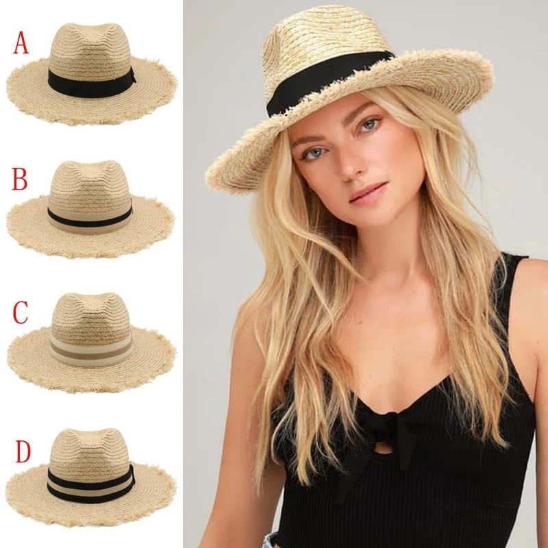 

Men Women Soft Straw Panama Hats Summer Sunhats Wide Brim Caps Sombrero Beach Fedora Trilby Outdoor Travel US Size 7 1/4 UK L