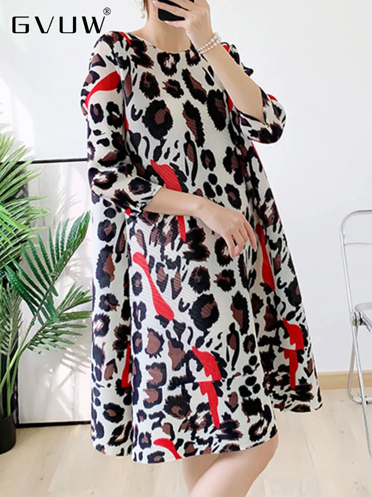 GVUW Leopard Pinting Pleated Dress For Women Round Neck Loose Casual Dresses Elegant Clothing Female 2023 Summer New 17G1586