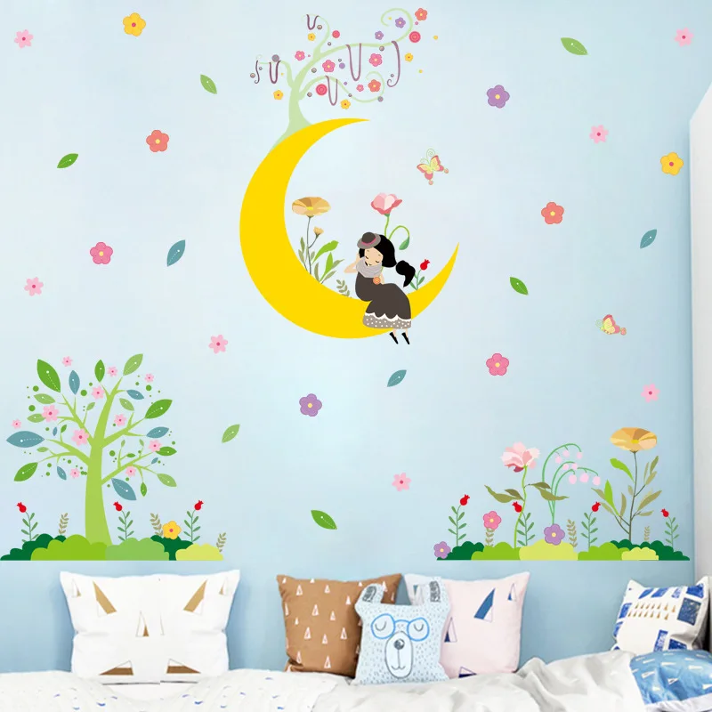 Creative Cartoon Moon Garden Wall Stickers Landscape Flower Bedroom Living Room Wall Decorations Self-Adhesive Wallpapers