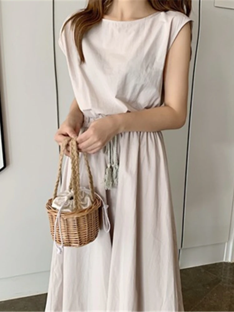 

Платье женское однотонное с круглым вырезом, модная одежда свободного покроя без рукавов, на шнуровке, белый цвет, весна-лето