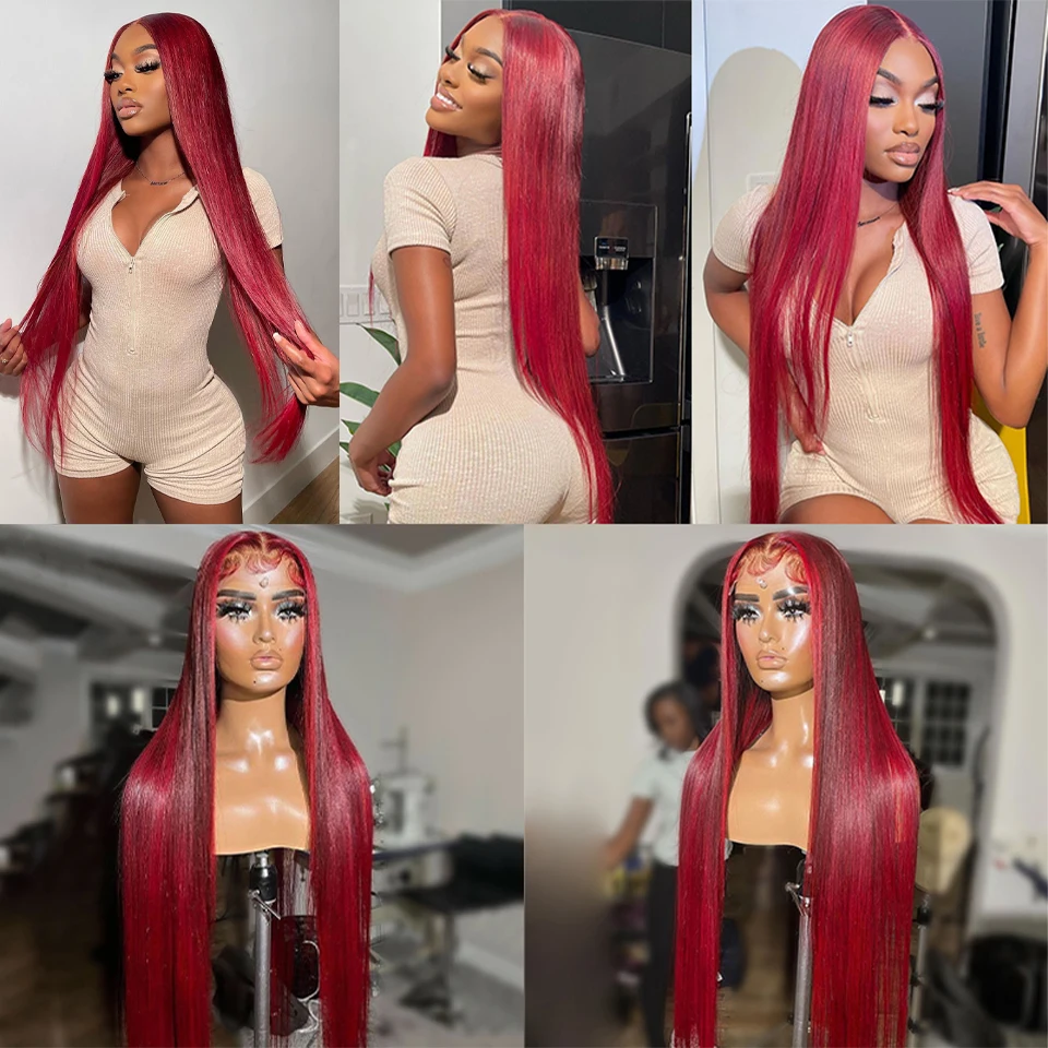 Ombre Red Colored Straight 13x4x1 Lace Part Human Hair Wigs Clearance Sale For Women 180 Density Transparent Lace Do Middle Part (art.: 3920cbe46c083) - 3920cbe46c083
