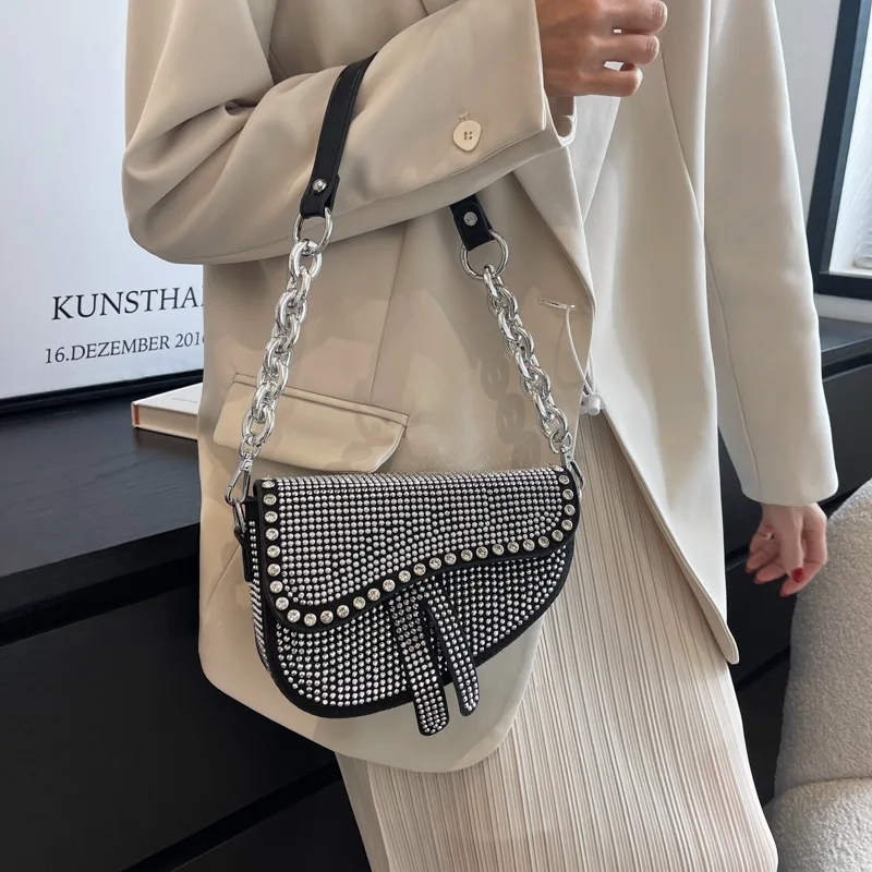 

New Rhinestone Handbag for Women Bag 2022 Saddle Bag Luxury Ladies Hand Bags Purse Fashion Shoulder Bags