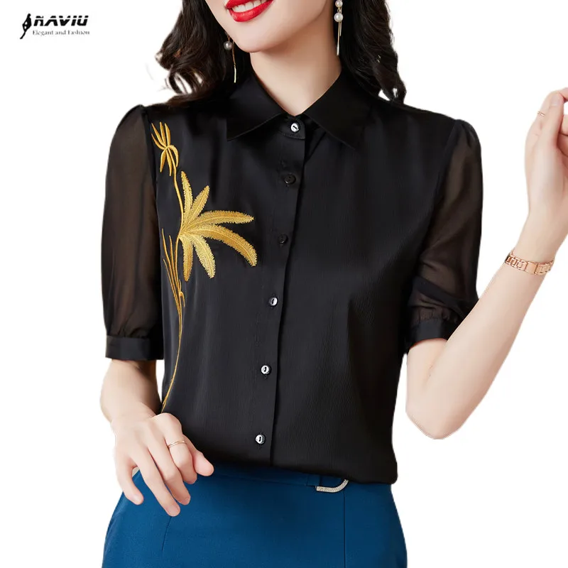 

Модная черная шифоновая женская рубашка NAVIU, Новинка лета 2023, элегантные деловые блузки с вышивкой и рукавом до локтя, офисные женские топы для работы