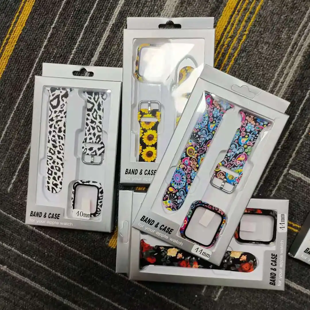 Box+Glass+Case+Strap For Apple Watch band 41mm 45mm 40mm 44mm Printed watchband Silicone correa bracelet iWatch 7 6 5 4 se Strap