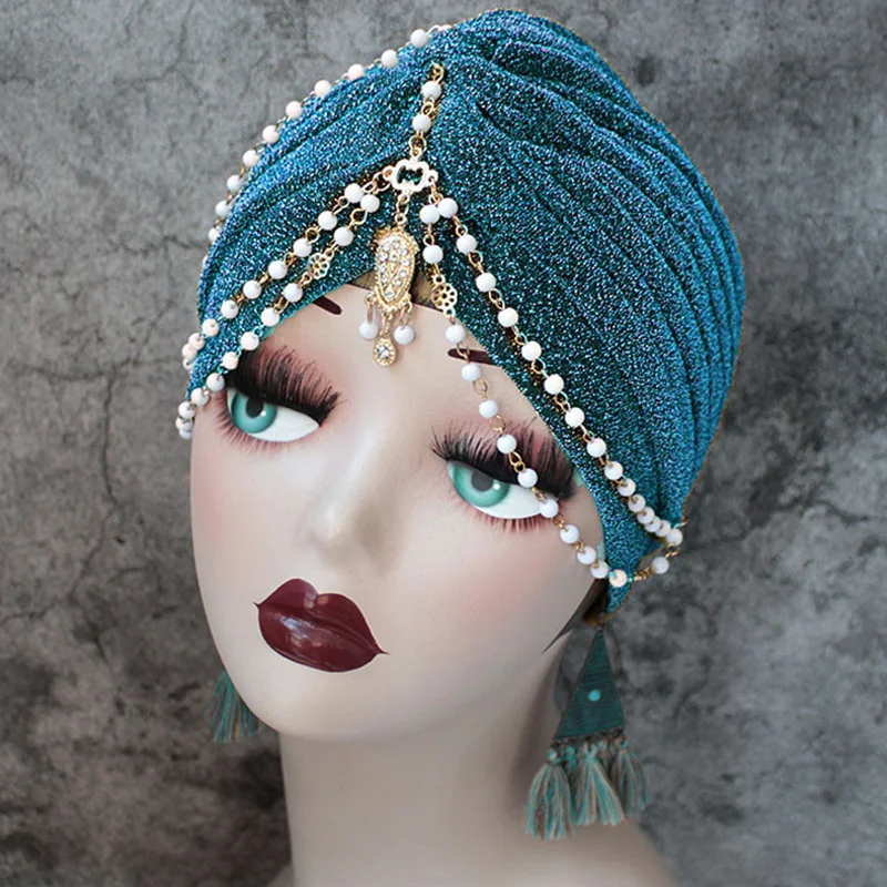 Pearl Chain Head Scarf Muslim Women Solid Color Turban Bonnet Hijab Caps Fashion Leopard Print Boho Dance Arab Wrap Turbantes