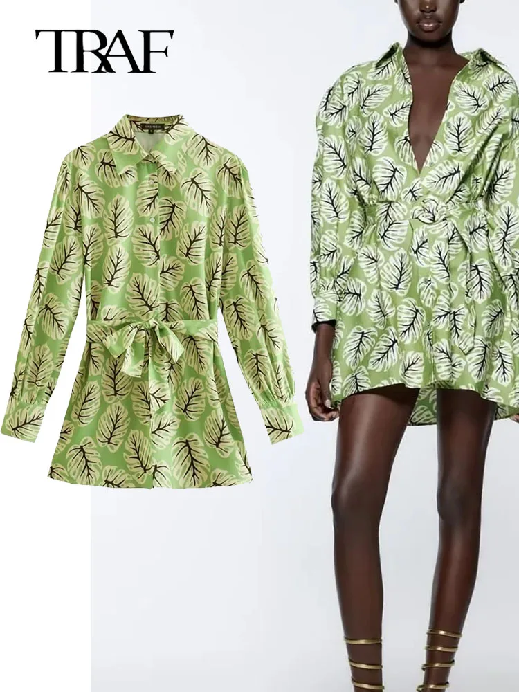 

TRAF 2023 Women Floral Printed Mini Dress Autumn Ladies V-Neck Long Sleeve Elegant Casual Pullover Dresses