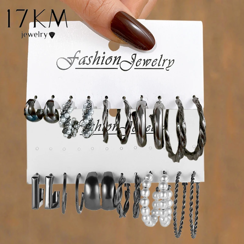 

17KM Punk Black Dangle Earrings Set Vintage Pearl Hoop Earrings for Women Big Circle Trendy Fashion Jewerly Girls Accessories