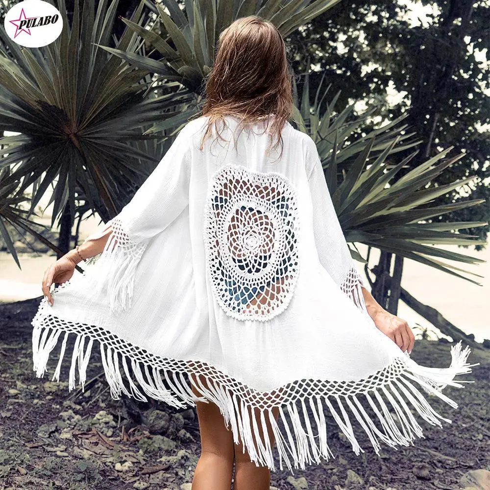 

Bohemian Fringe Beach Cover-Up White Bikini Long Cardigan Crochet Hollow Out Sexy Kimono Swimwear Holiday Outing New