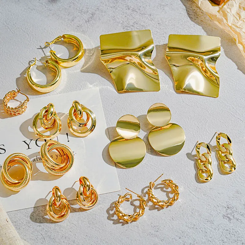 

Винтажные модные геометрические Висячие серьги для женщин, золотые металлические круглые серьги-кольца в стиле панк, богемные современные ...