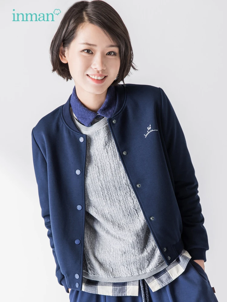 

Женская спортивная куртка INMAN, весенне-осенняя бейсбольная куртка с графической вышивкой и воротником-стойкой, короткая куртка на пуговицах