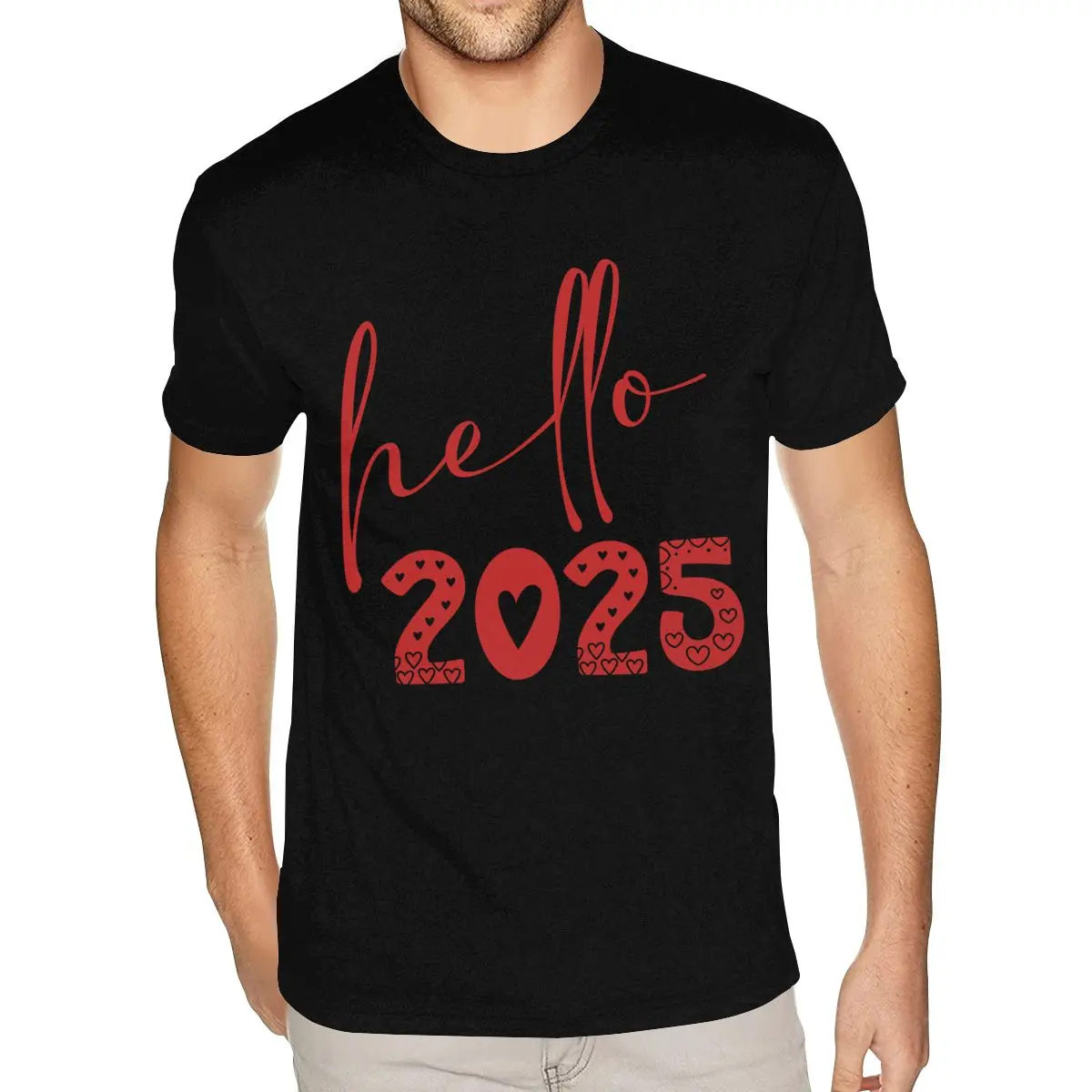 Милые футболки Hello 2025 HAPPY NEW YEAR хлопковые мужские черные 6XL