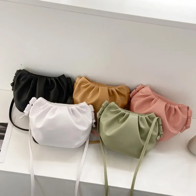 

Fashion Women Shoulder Bag New Arrival Crossbody Bag Female Solid Color Pleated Design Ladies Bag Mini Zipper Cloud Bag For Girl