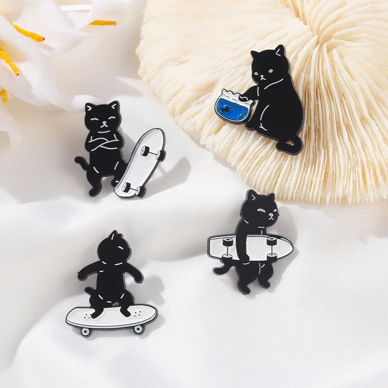 Creative Trendy Cartoon Skateboard Sports Cat Oil Drop Lapel
